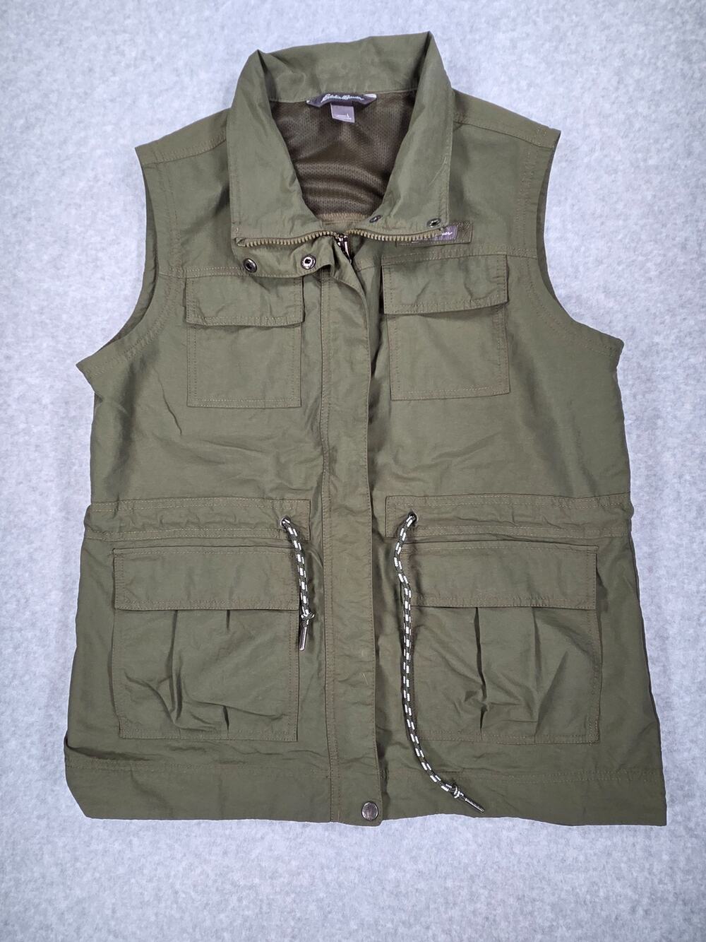 Eddie Bauer Womens Atlas Utility Vest Large Olive Green Safari Travel Cargo Gorp